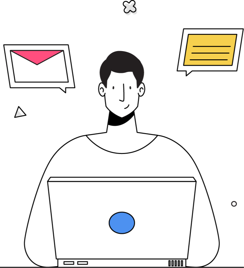 cartoon man working at laptop with email icons